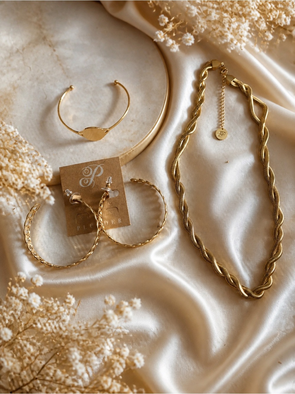 Gold Twisted Necklace & Hoop Earrings Set and bracelet